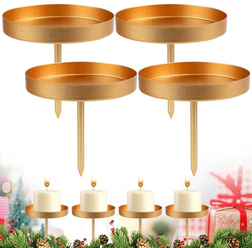 4 Stück Kerzenhalter Adventskranz Gold 8cm, Kerzenhalter Stumpenkerzen, Metall Kerzenteller für Adventskranz, Kerzenteller für Adventsgirlande, Kerzenständer Metall mit Dorn, Abnehmbar Kerzenstecker