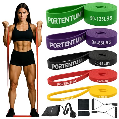 PORTENTUM Bande Elastique Musculation – Set de 11 – Bande de Resistance 5 Niveaux intensité – Poignées, ancrage Porte, Housses et Sac – Sport Maison Hommes et Femmes – Fitness Crossfit Yoga Pilates
