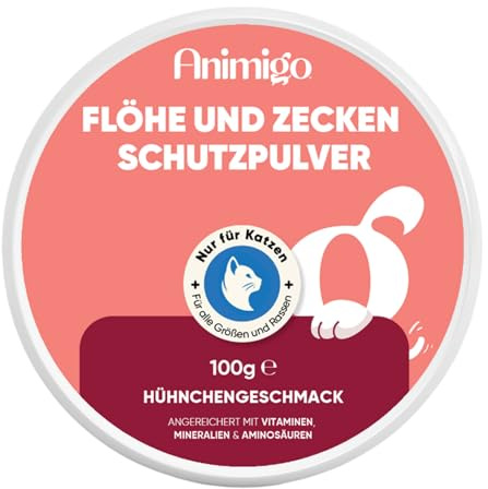 Loppulver – fästingskydd för Katter – 100 g pulver – med tillsatta Vitaminer, Mineraler och Aminosyror såsom öljäst, Zink samt Vitaminer B3, B1 och B2 – kycklingsmak – Animigo