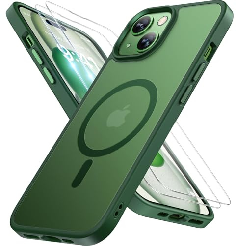 Miracase für iPhone 15 Hülle mit Magsafe & 2 9H+ Panzerglas, Grün | [TOP Militärschutz & Magnetkraft] Stoßfest Kratzfest mit Samtiger Haptik Extrem Langlebig Handyhülle für iPhone 15 6,1