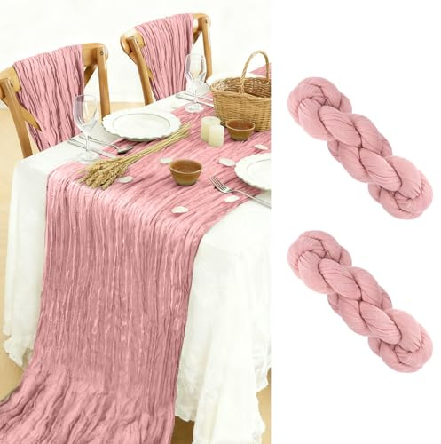 BOUBONI 2 Pack Cheesecloth Table Runner 90x300cm Boho Gauze Table Cloth for Birthday Party Wedding Baby Shower Decoration (Dusty Pink)