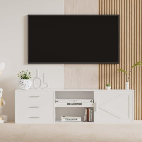 HOMAVO Meuble TV Moderne 160–180 cm avec 3 Tiroirs, Porte Coulissante et Étageres Ouvertes – Meuble de Télévision en Bois pour Salon en Blanc, Noir, Naturel ou Gris Cachemire