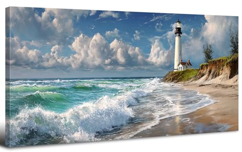 Abstrakt Leuchtturm Leinwandbilder Natur Küsten Landschaft Poster Bilder Leinwand für Wohnzimmer Moderne Blau Ocean Aesthetic Pictures Kunstwerk für Schlafzimmer, Badezimmer und Wanddeko 50 x 100 cm