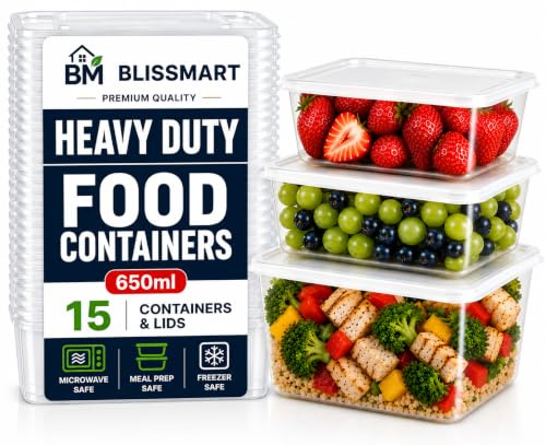 BLISSMART 650ml Plastic Food Containers with Lids 15pk Leakproof Snap Lids Meal Prep Lunch Box Takeaway Clear BPA Free Microwave Freezer Dishwasher Safe Stackable Containers (650cc)
