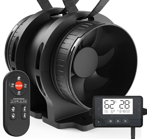 BUMSOU Tyst rörfläkt med fuktsensor och temperatursensor, timer, 6-stegs frånluftsfläkt med överhettningsskydd, rörfläkt 100 mm med fjärrkontroll, badrum, toalett, garage (med stativ)