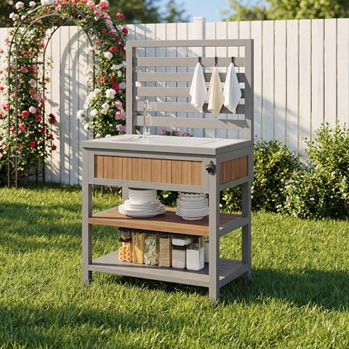 FammyLoft Gartenschrank mit Arbeitsfläche & Schublade, Outdoor Schrank Wetterfest mit Wasserhahn, Outdoor Küche, Grillstation mit Verstellbaren Regalen & Flaschenöffner, für Terrasse/Balkon/Garten