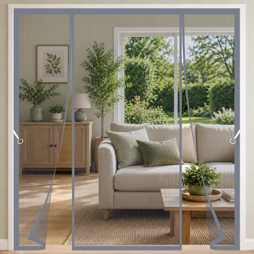 Moustiquaire Baie Vitree Coulissante Gris 250x250cm Rideau À Fermeture Automatique Avec Aimants Avec Fibre De Verre Et Bord Renforcé Pour Entrées De Maison Zone Vitrée Large