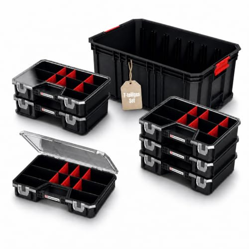 Wavero Sortimentskasten Set 7-tlg., Kleinteilemagazin mit Trennwänden | 520x329x210 mm, Modulare Werkzeugkiste mit Sortierboxen für Kleinteile – stapelbar, wandmontierbar, bis 50 kg belastbar