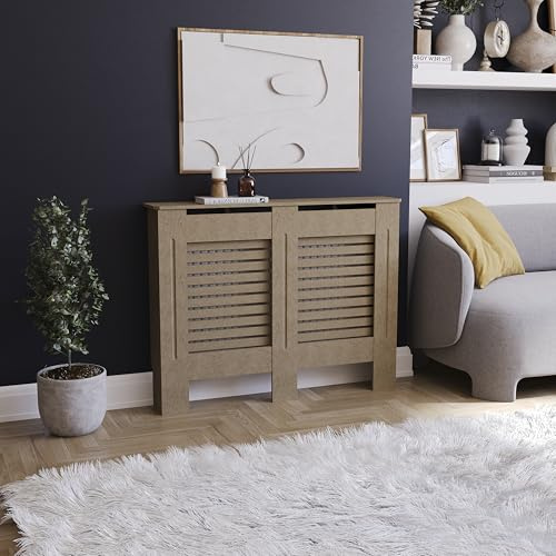 Vida Designs Milton Radiator Cover Unfinished - Medium - Modern Horizontal Slat Design For Optimal Heat Circulation - H82xW111xD19cm - Unpainted MDF Cabinet Ideal For Living Room & Hallway
