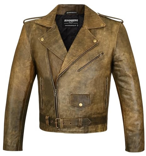Bohmberg Herren Lederjacke Anilinleder Rockabilly Chopper Retro Biker Leder Jacke Rocker Brandostyle (3XL)