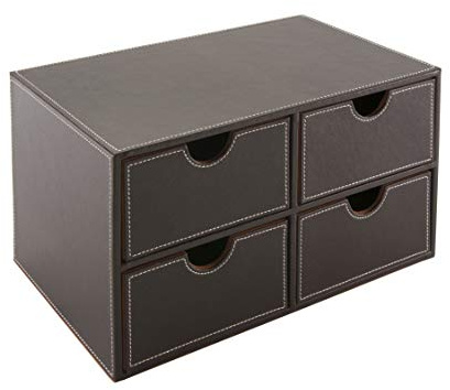 OSCO Faux Leather 4 Drawer Storage Chest, Stylish Desk Organiser for Stationery, Makeup, Jewellery & Accessories – Stackable Compact Drawer Box with Felt Lining for Home or Office – Brown