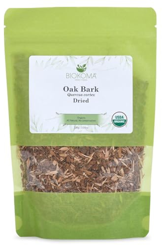 Biokoma Organic Oak Bark 100g (3.55oz) Dried Cut Herb Caffeine-Free USDA Organic Herbal Tea Digestion Support Antioxidant Resealable Moisture Proof Pouch No Additives No Preservatives No GMO Kosher