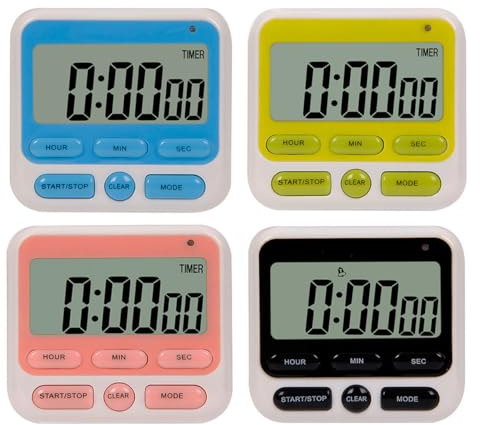 24-Hours Digital Kitchen Timer, Upgraded 12-Hour Display Clock, Big Digits, Loud Alarm, Magnetic Backing Stand, Count-Up & Count Down, Kids Timers for Cooking Baking Classroom Teachers Games(4 Pack)