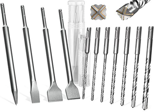 KSP-TEC® SDS Plus Betonbohrer + Meißel Set 11 Teilig [INKL. PRAKTISCHER DREHBOX] - Bohrer 5 bis 12mm für Beton mit je 4 Vollhartmetall Schneiden - Mit Fliesenmeißel, Flachmeißel & Spitzmeißel - Robust