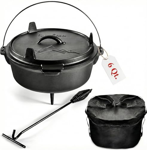 Uno Casa Camping Dutch Oven Set aus Gusseisen - 5,7 L Vorbehandelter Camping Dutch-Oven Feuertopf mit Deckel - Deckel als Gusseisenpfanne Verwendbar - Deckelheber und Tragetasche inklusive