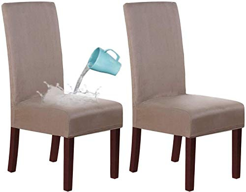 LINGKY Wildleder Esszimmer Stuhlhussen Esszimmerstuhl Schonbezug Samt Stuhlhussen Für Esszimmer, Wasserabweisend Soft Stretch Abnehmbare Stuhllehne Mit Hoher Rückenlehne (Taupe,Set of 2)
