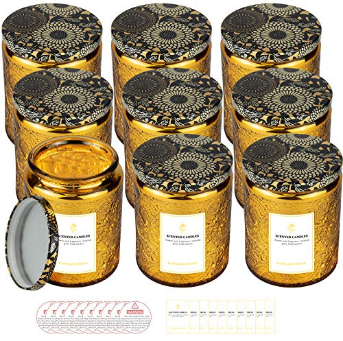 8.8oz Embossed Blinking Glass Candle Container, 9 Pack Electroplated Shining Candle Jar with Embossed Lid for Candle Making DIY Craft (Yellow Embossed)