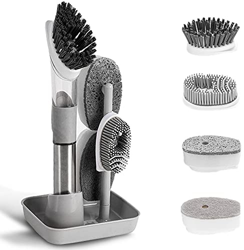 QUTHZZHY 4-in-1 Dish Cleaning Brush Soap Dispensing Dish Brush Set with 4 Replacement Heads and Storage Holder, Kitchen Scrub Brush for Dish Pot Pan Sink Cleaning (Grey)