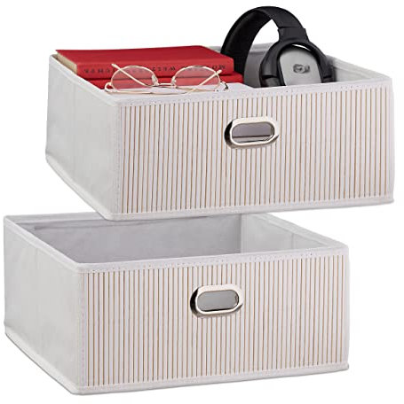 Relaxdays 4 Cestos Almacenaje Bambú, Cestitas Cuadradas Tela Baño, Cajas Bajas Estante, 14 x 31 x 31 cm, Asa, Plegables, Blanco