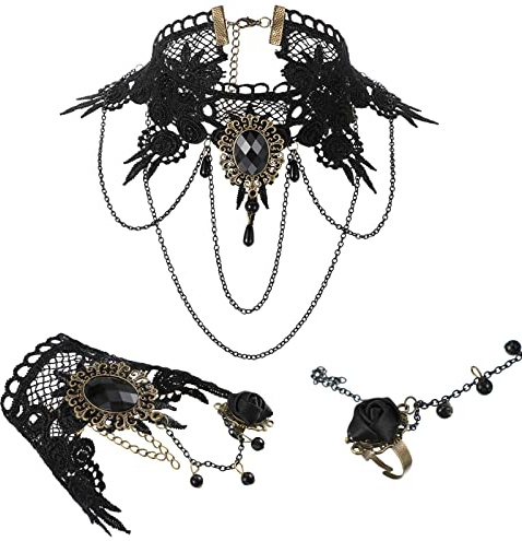 Herdear Schwarz Gotisch Choker Halskette mit Armband Set Spitze Halsband und Punk Vintage Handgefertigtes Retro Armband mit Perlen Anhänger Lolita Schmuck Set für Halloween Damen