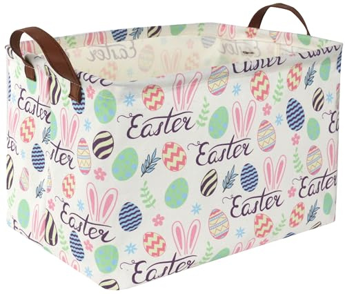Sanjiaofen Rectangular Easter baskets , Kids Easter Basket Organizer.Cute Storage Basket with Handles.Boys and Girls,Easter Bunny Eggs Decor,Books,Easter Gifts . (Easter bunny eggs)
