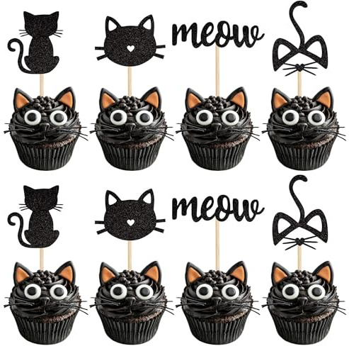 24 Stück Katze und Miau Tortendeko Schwarz Glitzer Kätzchen Cupcke Toppers Cat Kuchen Deko Katze Liebhaber Kätzchen Thema Baby Dusche Kinder Geburtstag Party Kuchen Dekorationen