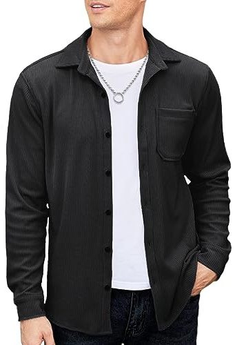 COOFANDY Veste pour Hommes À Manches Longues en Velours Côtelé Regular Fit Légère Chemise Décontractée Chaude avec Poche Poitrine sans Repassage Noir XXL