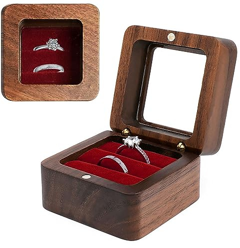 muchly Wooden Ring box，Clear Skylight Ring Case,Solid Wood Square Jewelry Storage Box-ring bearer pillow for Wedding Ceremony, Engagement(red velvet)