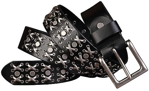 WILsem Nietengürtel aus echtem Leder, für Herren, Dornschließe, ausgefallener Vintage-Cowboy-Jeans-Gürtel, Metall, Punk, Schwarz , 105 cm