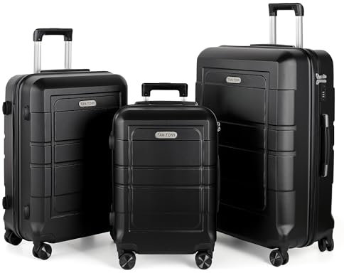 TANTOMI Kofferset 3 Teilig Hartschale aus ABS+PC – Kofferset 20/24/28 Zoll, Reisekoffer mit 4 Drehbaren Rollen und 3 Stelige-Zahlenschloss (Gepäck-Sets–M-L-XL, Schwarz)