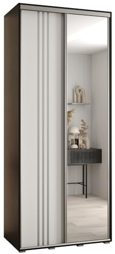 ABIKSMEBLE Davos 7 100 Armoire à Deux Portes Coulissantes pour Chambre à Coucher - Moderne Armoire de Rangement avec Miroir, Tringle et Étagères - 235,2 x 100 x 60 cm - Noir Blanc Argent