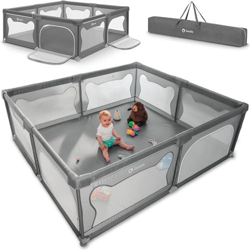 LIONELO Willow - Parque infantil XL, 0 – 48 meses, gran superficie 187x207x68 cm, con paredes de malla transpirable, 2 entradas laterales con cremallera, ideal para casa y jardín, fácil montar (Gris)