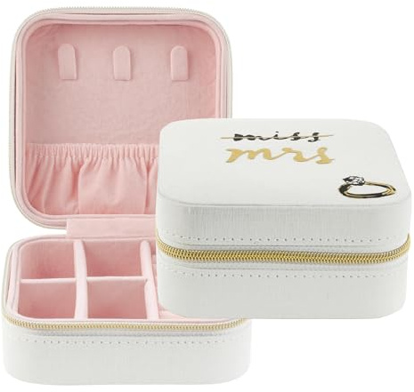 kate spade new york Small Travel Jewelry Case, White Wedding Jewelry Box to Organize Rings, Necklaces, Earrings, Miss to Mrs