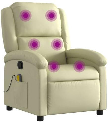 vidaXL Fauteuil de Massage Inclinable, Siège avec Accoudoirs, Chaise de Relaxation avec Dossier, Fauteuil TV de Salon, Moderne, Crème Cuir Véritable