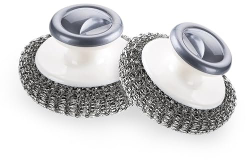 2Pcs Stainless Steel Scrubber with Handle, Steel Wool Scrubber Tool for Cleaning Dishes, Scrubbing Scouring Brush Pad for Kitchen Pots, Pans, Sink