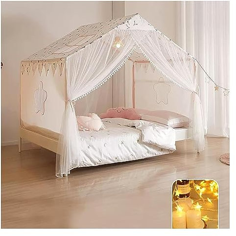 Moskitonetz für Bett, Betthimmel-Zelt für Kinder, Bettnetz-Überdachung mit verträumten Lichtern, 4 Ecken aus Holz, Himmelbettrahmen, Pfostenstangen mit Vorhängen, Elch, voll (Farbe: Elch, Gr