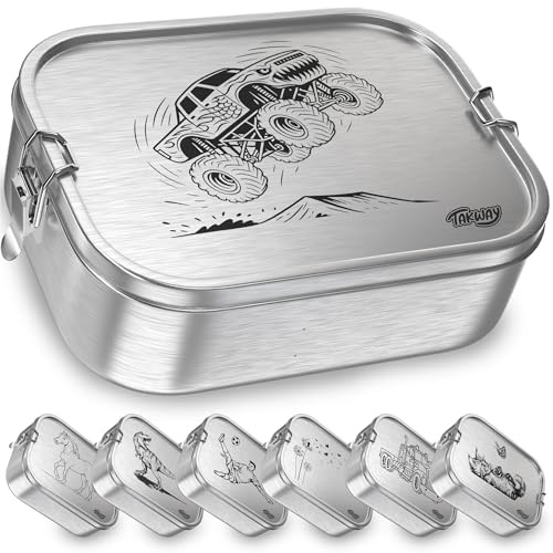 TAKWAY Edelstahl Brotdose mit Fächern 800ml – Auslaufsichere Lunchbox für Kinder & Erwachsene, Bento Box mit flexibler Unterteilung, für Kindergarten, Schule & unterwegs (Monstertruck, 3-Fächer)