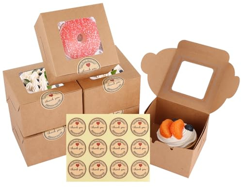 ASelected 50 Pcs Cupcake Boxes 4 x 4 x 2.5 inch Small Bakery Pastry Cake Boxes with Windows Individual Paper Boxes With 5 Stickers for Cookies Muffins Cupcakes Desserts Pies (Brown)