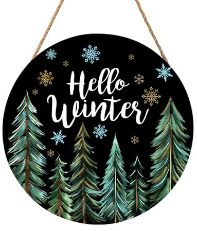 Hallo Winter Willkommensschild für Haustür, Winterkränze, Winterkiefern, Holz-Türhänger für den Außenbereich, Veranda, Weihnachten, Schneeflocken, rundes Hängeschild für Zuhause, Veranda