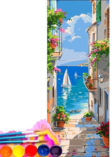 Malen Nach Zahlen Erwachsene Kit, Malen Nach Zahlen Stadt Meer Anfänger mit Pinseln und Acrylfarben, DIY Handgemalt Ölgemälde Leinwand Basteln Set für Anfänger für Home Deco (Rahmenlos) 30x60cm wk-737