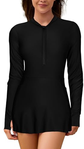 SHEKINI Damen Badeanzüge Lange Ärmel Halb Reißverschluss Rash Guard Badeanzug Bademode Taschen