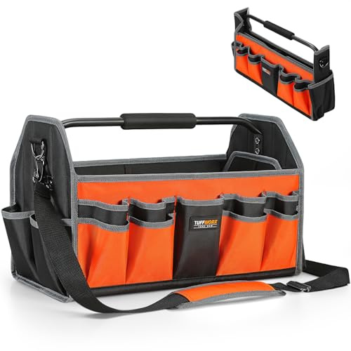 TUFFWORX Foldable Open Top Tote Tool Bag, 19 Inch 17 Pockets Heavy-Duty Tool Storage Organiser with Shoulder Strap for Electricians, Technicians, Plumbers, Orange/Black