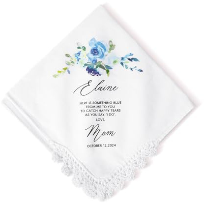 BYFDIY Personalisierbares Hochzeits-Taschentuch mit blauem Blumendesign, Geschenk für Mutter zu Braut, weiße Spitze besetzt mit etwas blauem Geschenk für die Braut