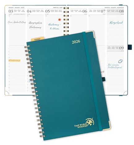 POPRUN Kalender 2026 Buchkalender A4, 12-Monate-Terminplaner Ringbuch (Jan.2026-Dez.2026), Wochenplaner 2026 Hardcover mit Plastiklineal, 100 GSM Papier - Pazifikgrün