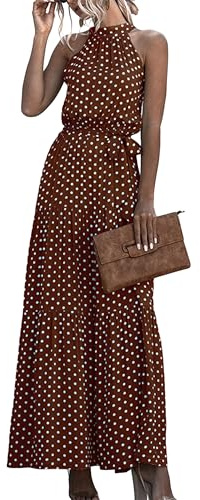 EFOFEI Donne Boho Floreale Fluente Abito Pois Floreale Abiti Lungo Cintura Sole Abito Sexy Casuale Data Punto Marrone L