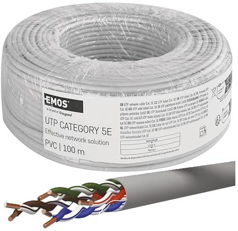 EMOS - Cable de red UTP CAT 5e, 100 m, PVC - Cable de conexión CAT5e UTP - Cable Cu- Cable LAN Gigabit - Cable Ethernet sin blindaje - Para interiores