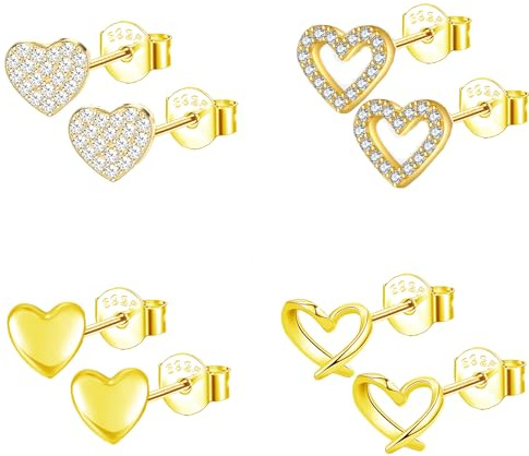 Epoch World 4 Paires Boucles D'oreilles Coeur Argent 925 Petites Hypoallergéniques Boucles D'oreilles Or Femme en Forme de Cœur Clous D'oreilles en Or pour Femme Fille Cadeau Bijoux