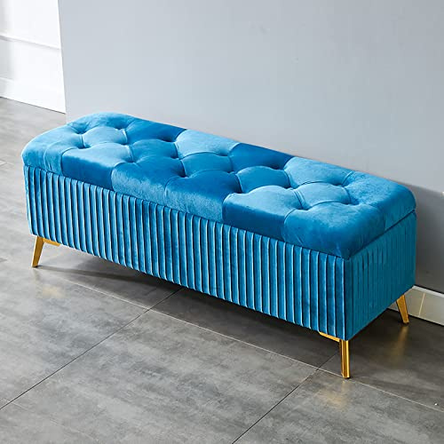 Moderner Hocker mit Stauraum, Samt, rechteckig, gepolstert, für Wohnzimmer und Schlafzimmer, stilvolle Bettbank, 100 x 39 x 45 cm, Blau