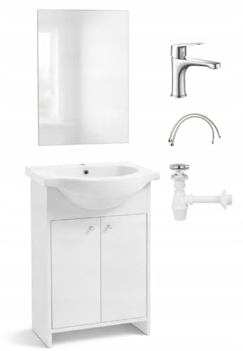 .Deftrans Mobile base con lavandino da 65 cm, set di mobili da bagno in ceramica, 50 cm, rubinetto e sifone, bianco satinato, lavabo 83 x 65 x 43 cm