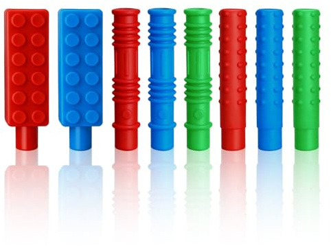 JoyEcho 8 Stück kauaufsatz Stift für Kinder, kauaufsatz Stift Sichere Silikon-Kau-Bleistiftkappe Bleistift Topper Kauaufsatz Stifte für das Zahnen von Babys,Autismus,Oral Motor,Angst Kinde